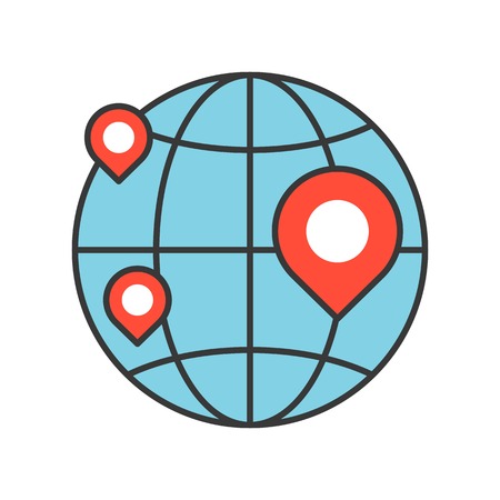 pin on globe, location or branch of business icon, editable stroke outline