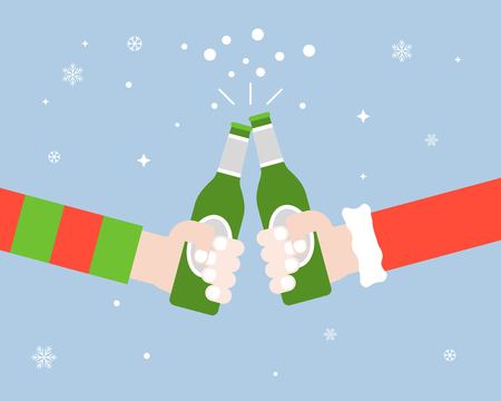 Two hands toasting beer bottle vector, cheers flat design illustrationのイラスト素材