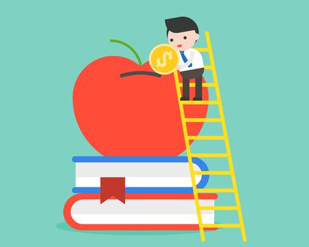 Businessman on ladder saving money in apple, vector illustrationのイラスト素材