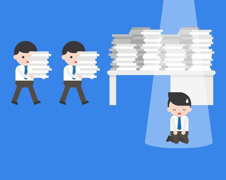 Businessman kneeling in front of table with work overload, vector illustrationのイラスト素材