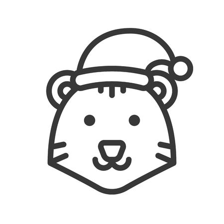 tiger wild animal wearing santa hat outline icon editable strokeのイラスト素材
