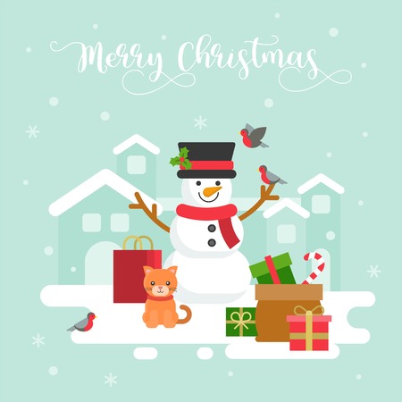 snowman winter theme with cat and gift box,background for christmas flat designのイラスト素材