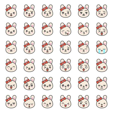 Cute rabbit emotion face in various expession, editable stroke iconのイラスト素材