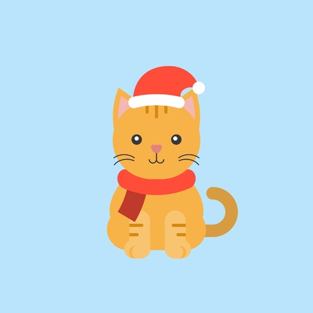 cute kitten wearing santa hat in flat design for christmas themeのイラスト素材