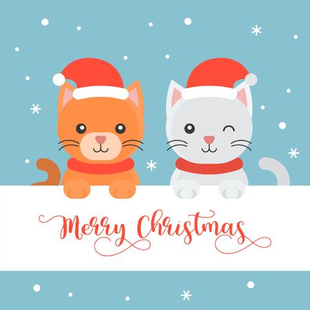cute kittens flat design merry christmas poster or bannerのイラスト素材
