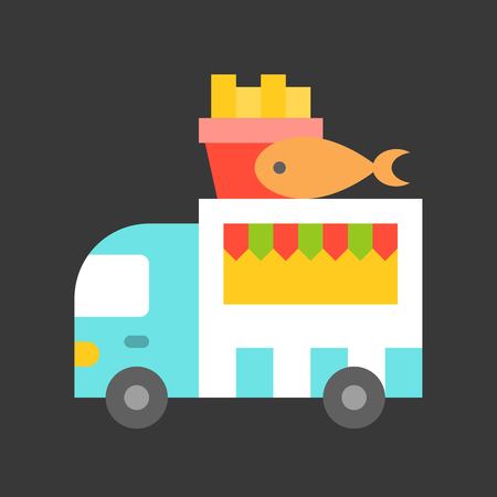 Fish and chips truck vector, Food truck flat design iconのイラスト素材