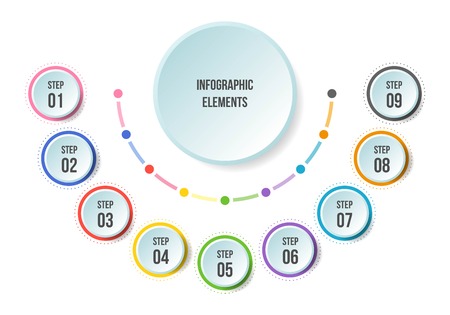 Half Circle chart, Timeline infographic templates with 9 stepsのイラスト素材