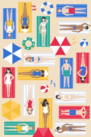 Sunbathing, different people on beach mat vector illustrationのイラスト素材