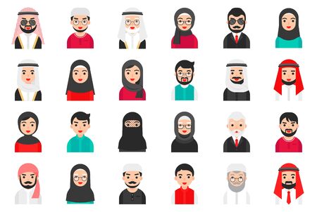 Muslim avatar icon set, flat style vector illustrationのイラスト素材