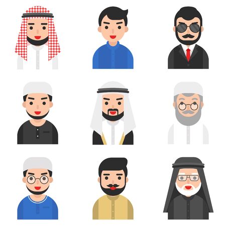 Set of Muslim men vector, Muslim avatar flat icon setのイラスト素材