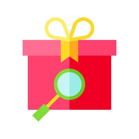 Magnifying glass looking at Gift box vector illustration, flat design iconのイラスト素材