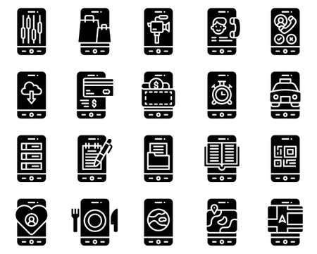 Mobile application icon set 2, solid stye vector illstrationのイラスト素材