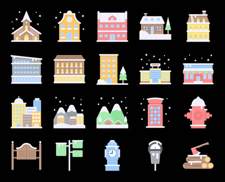 Winter City related vector icon set 3, flat styleのイラスト素材