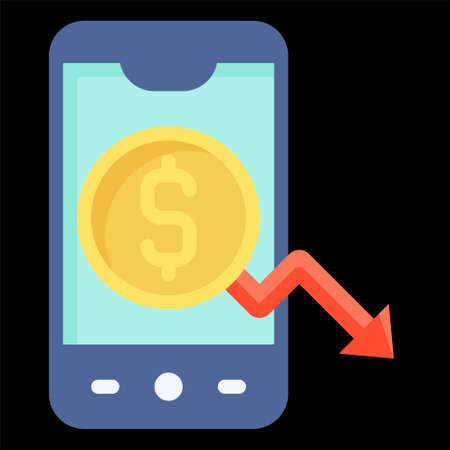 Smartphone with coin and decrease arrow on screen icon, Bankruptcy related vector illustrationのイラスト素材
