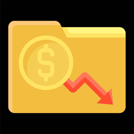 Folder with coin and decrease arrow icon, Bankruptcy related vector illustration