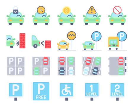 Parking lot related vector icon set, flat styleのイラスト素材