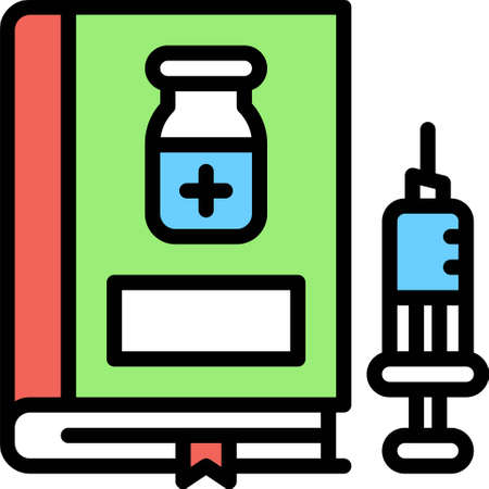 Book and Vaccine syringe icon, Vaccine Development related vector illustrationのイラスト素材