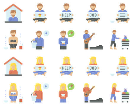 Homeless flat icon set 1, vector illustratonのイラスト素材