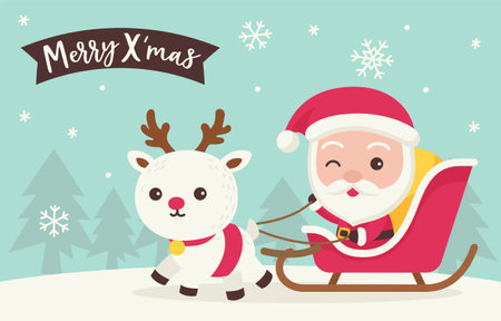 Merry xmas santa claus ride reindeer sledge vector illustrationのイラスト素材