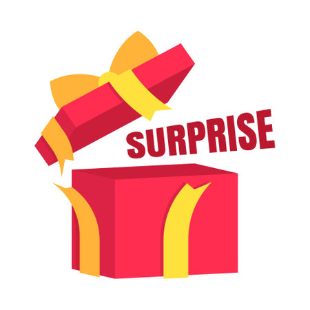 Colorful blank gift box with surprise text in flat design for using as banner, poster for...