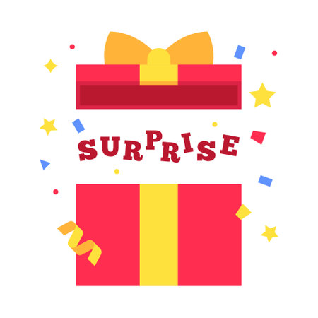 Colorful blank gift box with surprise text in flat design for using as banner, poster for advertisingのイラスト素材