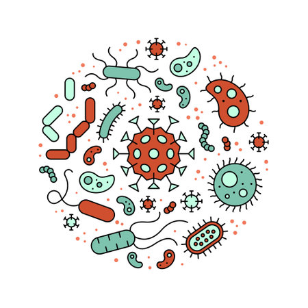 Virus and bacteria round design, filled style vector illustrationのイラスト素材