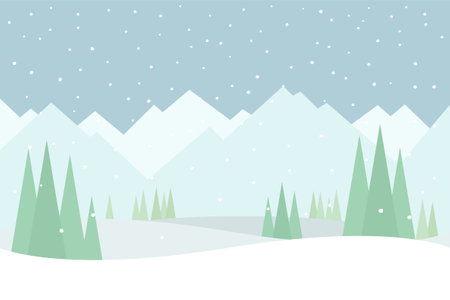 Winter landscape with mountains pines and falling snow vector illustrationの写真素材