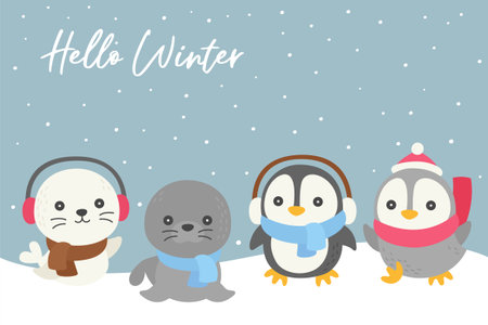 Winter animals doodle with snow theme background, vector illustrationの写真素材