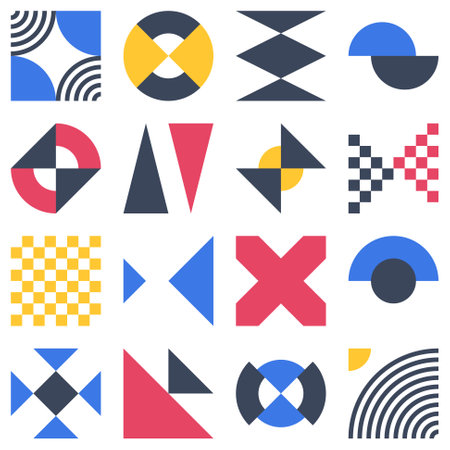Abstract bauhaus elements shapes in modern geometric style include lines, circle, square, triangle and dots for use as pattern, cover, banner, poster and contemporary artのイラスト素材