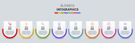 Infographics design template and icons with 8 options or 8 steps. use as workflow process diagram,business data  presentation, timeline layout, milestone, banner, brochure, flow chartのイラスト素材