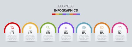 Infographics design template and icons with 7 options or 7 steps. use as workflow process diagram,business data  presentation, timeline layout, milestone, banner, brochure, flow chartのイラスト素材