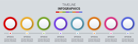 Infographics design template and icons with 8 options or 8 steps. use as workflow process diagram,business data  presentation, timeline layout, milestone, banner, brochure, flow chartのイラスト素材