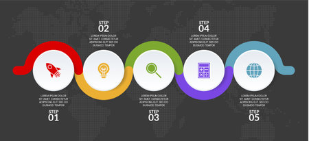 Infographics design template and icons with 5 options or 5 steps. use as workflow process diagram,business data  presentation, timeline layout, milestone, banner, brochure, flow chartのイラスト素材