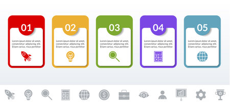 Infographics design template and icons with 5 options or 5 steps. use as workflow process diagram,business data  presentation, timeline layout, milestone, banner, brochure, flow chartのイラスト素材