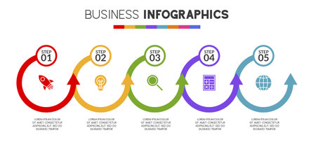 Infographics design template and icons with 5 options or 5 steps. use as workflow process diagram,business data  presentation, timeline layout, milestone, banner, brochure, flow chartのイラスト素材