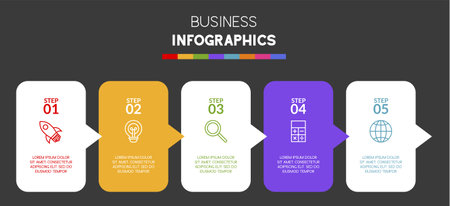 Infographics design template and icons with 5 options or 5 steps. use as workflow process diagram,business data  presentation, timeline layout, milestone, banner, brochure, flow chartのイラスト素材