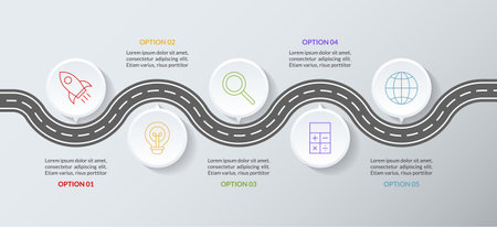 Infographics design template and icons with 5 options or 5 steps. use as workflow process diagram,business data  presentation, timeline layout, milestone, banner, brochure, flow chartのイラスト素材