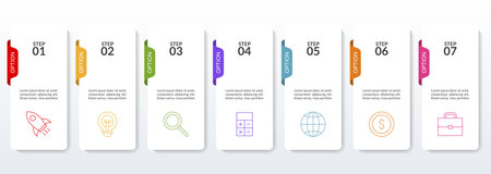 Infographics design template and icons with 7 options or 7 steps. use as workflow process diagram,business data  presentation, timeline layout, milestone, banner, brochure, flow chartのイラスト素材