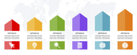 Infographics design template and icons with 6 options or 6 steps. use as workflow process diagram,business data  presentation, timeline layout, milestone, banner, brochure, flow chartのイラスト素材