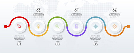 Infographics design template and icons with 6 options or 6 steps. use as workflow process diagram,business data  presentation, timeline layout, milestone, banner, brochure, flow chartのイラスト素材
