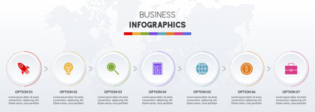 Infographics design template and icons with 7 options or 7 steps. use as workflow process diagram,business data  presentation, timeline layout, milestone, banner, brochure, flow chartのイラスト素材