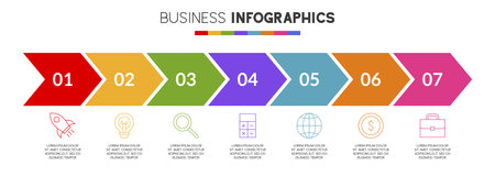 Infographics design template and icons with 7 options or 7 steps. use as workflow process diagram,business data  presentation, timeline layout, milestone, banner, brochure, flow chartのイラスト素材