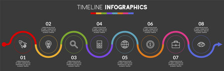 Infographics design template and icons with 8 options or 8 steps. use as workflow process diagram,business data  presentation, timeline layout, milestone, banner, brochure, flow chartのイラスト素材