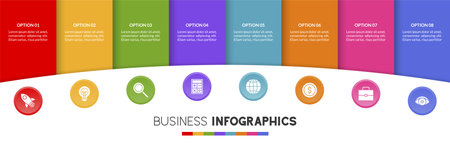 Infographics design template and icons with 8 options or 8 steps. use as workflow process diagram,business data  presentation, timeline layout, milestone, banner, brochure, flow chartのイラスト素材