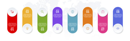 Infographics design template and icons with 8 options or 8 steps. use as workflow process diagram,business data  presentation, timeline layout, milestone, banner, brochure, flow chartのイラスト素材