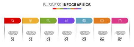 Infographics design template and icons with 7 options or 7 steps. use as workflow process diagram,business data  presentation, timeline layout, milestone, banner, brochure, flow chartのイラスト素材