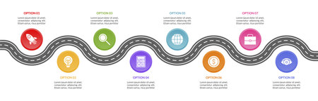 Infographics design template and icons with 8 options or 8 steps. use as workflow process diagram,business data  presentation, timeline layout, milestone, banner, brochure, flow chartのイラスト素材