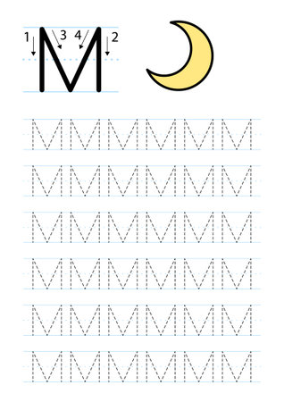 Printable letter M alphabet tracing worksheet, vector illustrationのイラスト素材