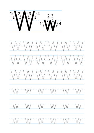 Printable letter W alphabet tracing worksheet, vector illustrationのイラスト素材