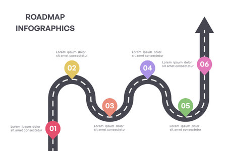 Colorful Milestone Roadmap Infographic with Arrow and Six Steps, Vector Illustrationのイラスト素材